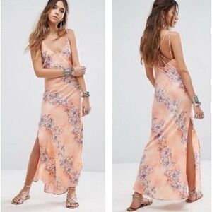 Intimately Free People Cassie Maxi Slip Dress Large Satin Peach Floral Backless